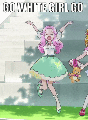 a girl with pink hair is jumping in the air with the words go white girl go behind her