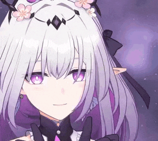 a close up of a anime girl with purple hair and a flower in her hair .