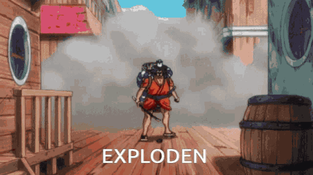 a cartoon of a man with a sword and the word exploden