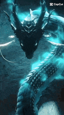 a dragon with blue flames coming out of it 's mouth is glowing in the dark .