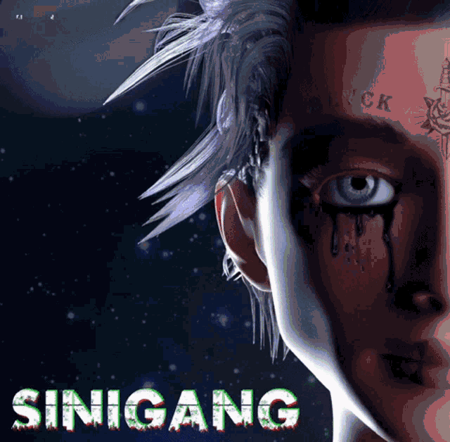 a close up of a person 's face with the words ' sinigang ' on it