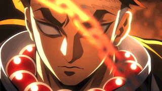 a close up of a person 's face with a red necklace around their neck