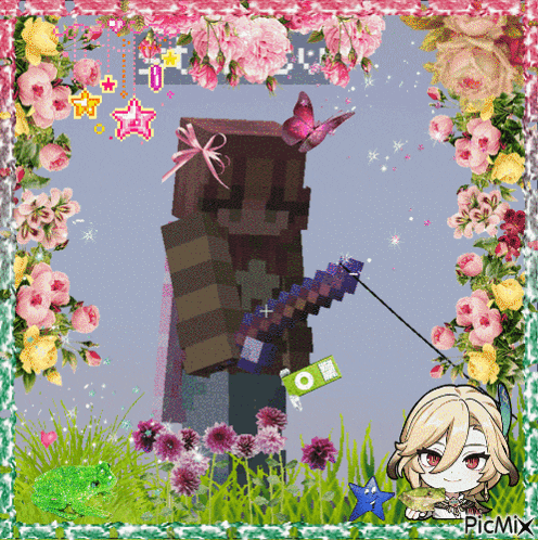 a picture of a girl and a minecraft character with flowers around them