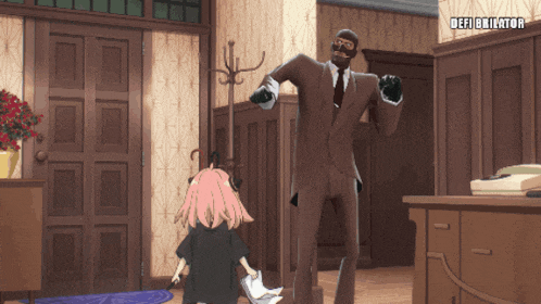 a man in a suit is standing next to a girl with pink hair and a sign that says defibrillator in the corner