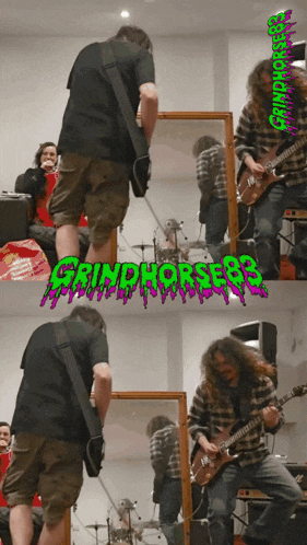 a man playing a guitar in front of a mirror with grindhorses on the bottom