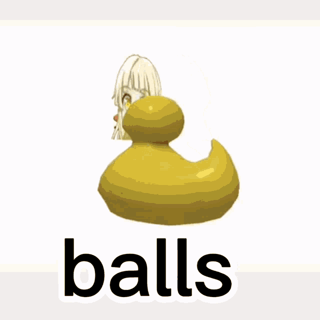 a yellow rubber duck with the word balls written below it