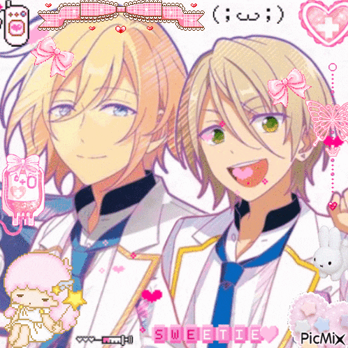 two anime characters are standing next to each other with the word sweetie on the bottom