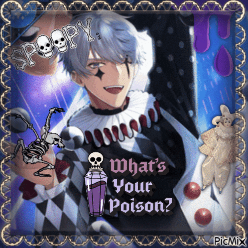 a picture of a clown with the words what 's your poison on the bottom