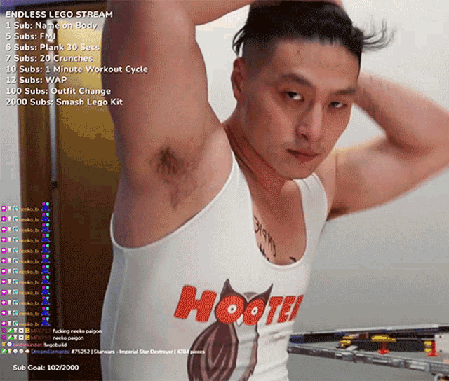 a man is wearing a hooters tank top while playing a video game