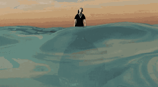 a cartoon of a man standing on a rock in the water