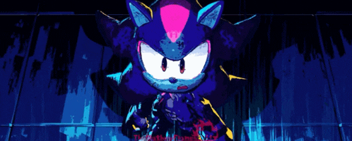 shadow the hedgehog is standing in a dark room with a sword in his hand .