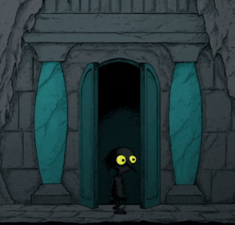 a cartoon character with yellow eyes stands in a dark room