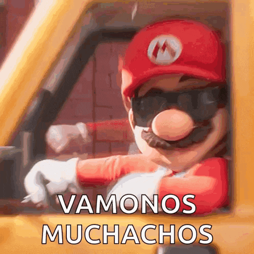 a cartoon of mario driving a car with the words vamonos muchachos written below him .