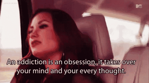 a woman is sitting in the back seat of a car with a quote that says " an addiction is an obsession "