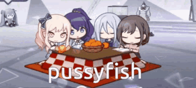 a group of anime girls sitting around a table with the words pussyfish written on the bottom