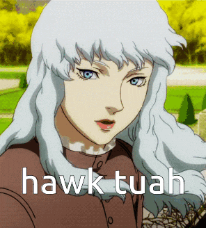 a picture of a girl with white hair and the words hawk tuah on the bottom