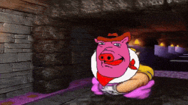 a cartoon pig wearing a cowboy hat and a bandana