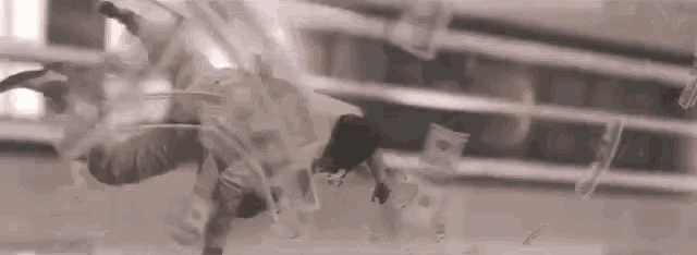 a man is doing a handstand in front of a bunch of money .