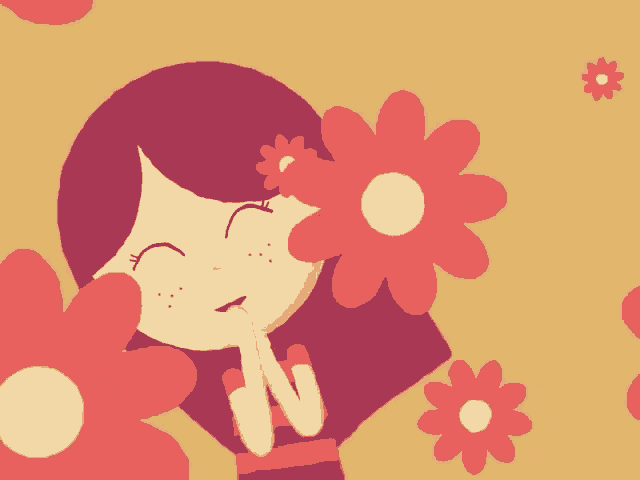 a girl covering her face with a red flower with a yellow center
