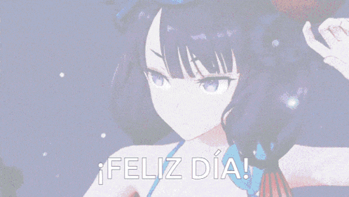 a blue haired anime girl with the words feliz dia written below her
