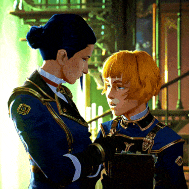 a couple of women standing next to each other and one of them has a badge on her chest that says ' x '