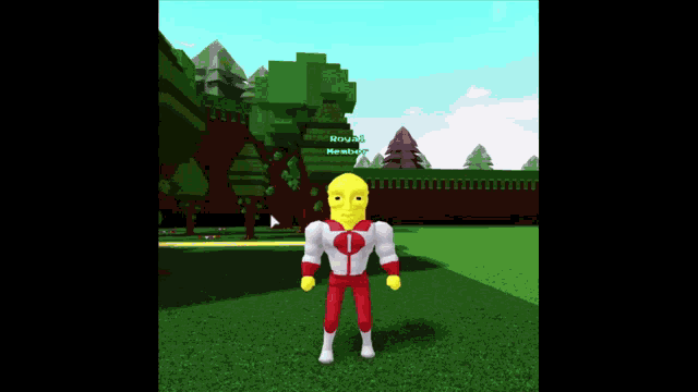 a yellow cartoon character in a red and white superhero costume is standing in a grassy field