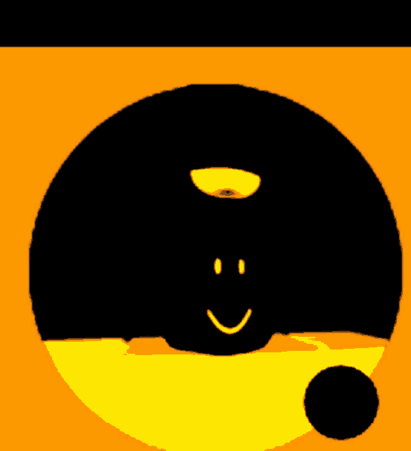 a black and yellow circle with a smiley face in the center