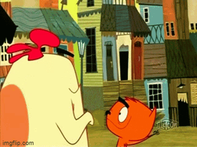 a cartoon cat is standing next to a white cat with a red bow on its head .