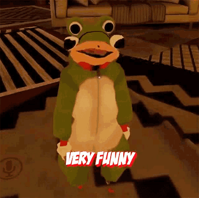 a frog in a very funny outfit is standing on a rug