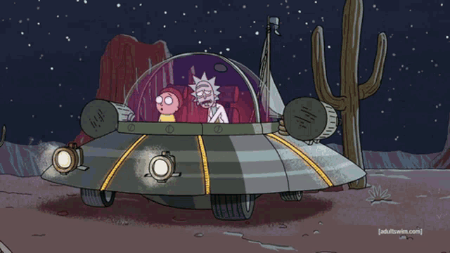 a cartoon of rick and morty in a flying saucer says adult swim on the bottom
