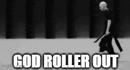 a black and white photo of a man with a sword and the words god roller out