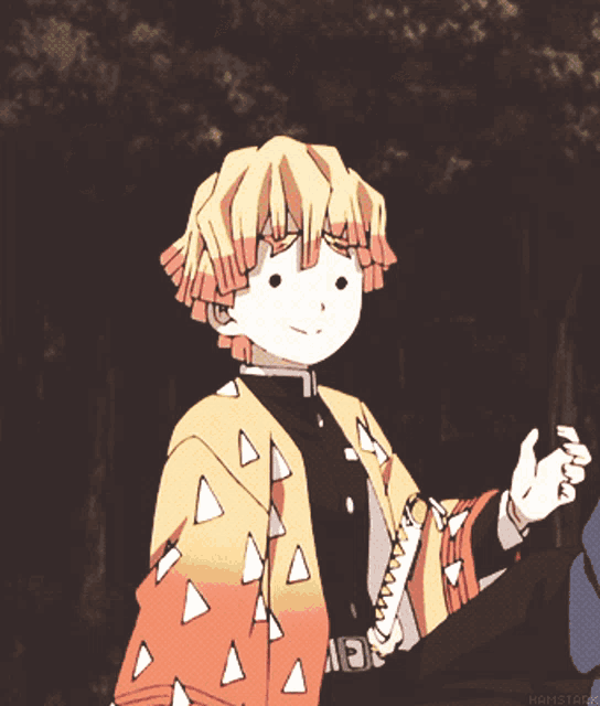 a drawing of a boy with a sword and flowers behind him