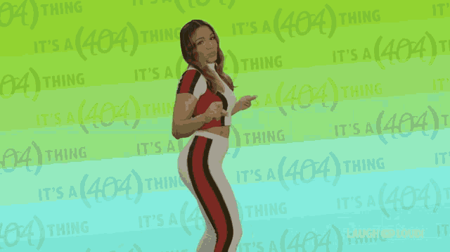 a woman stands in front of a green background that says 404