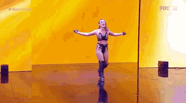 a woman in a bikini is dancing on a stage .