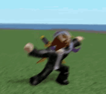 a roblox character is kneeling down in a field