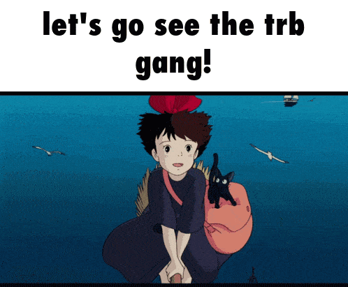 a cartoon of a girl with a black cat on her back and the words let 's go see the trb gang