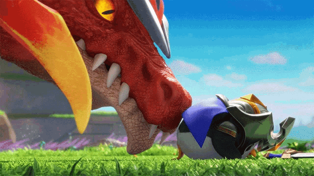 a red dragon is eating a knight laying on the ground