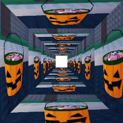 a hallway with pumpkins and buckets of candy on the wall
