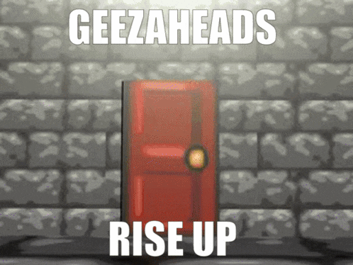 a red door in front of a brick wall with the words geezaheads rise up above it