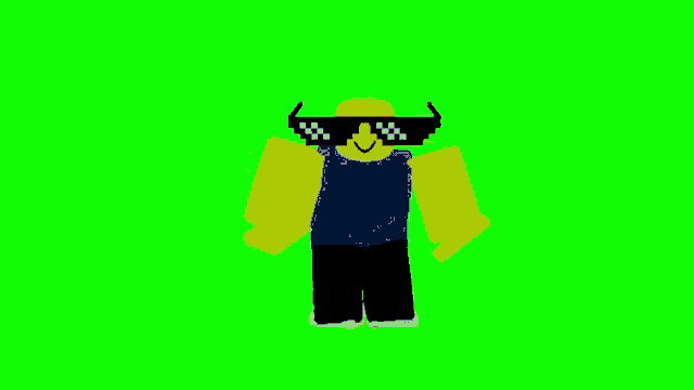 a yellow roblox character wearing sunglasses on a green screen