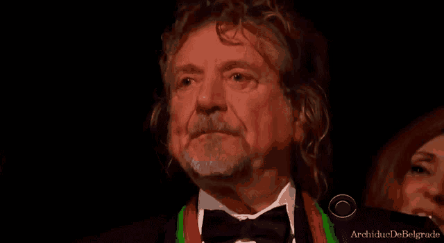 a man with curly hair and a beard is wearing a tuxedo and a bow tie .