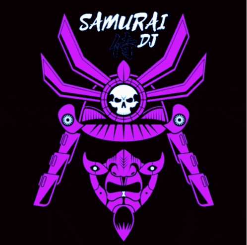 a purple samurai dj logo with a skull