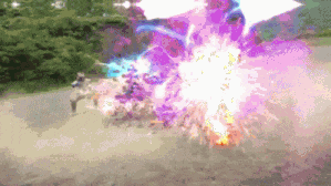 a group of people are standing in front of a purple explosion