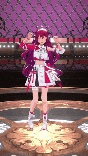 a girl in a red and white outfit is dancing on a stage