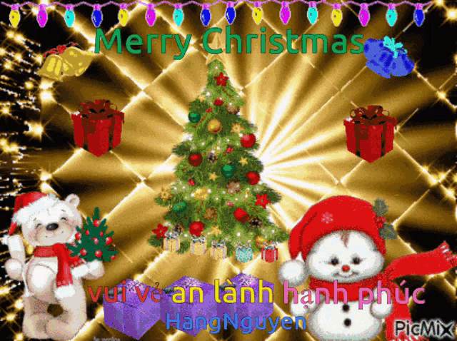 a merry christmas greeting card with a christmas tree and snowman