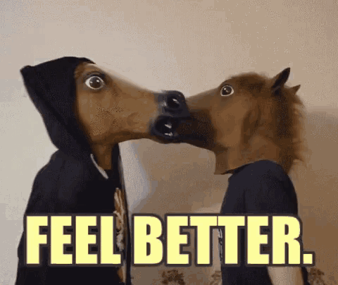 two people wearing horse masks kissing with the words " feel better " in the background
