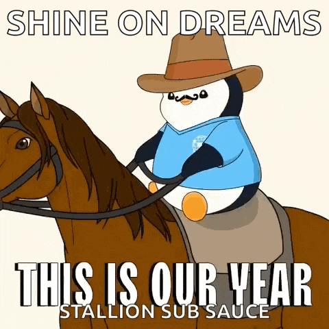 a penguin wearing a cowboy hat is riding a horse .