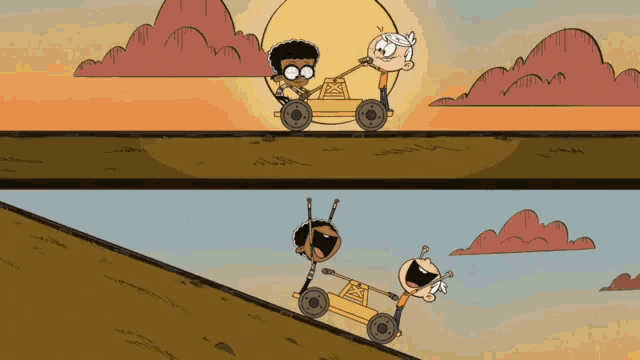 a cartoon of a boy pulling another boy in a cart