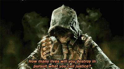 a scarecrow in a gas mask says how many lives will you destroy in pursuit what you call justice