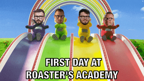 a poster for the first day at roaster 's academy shows four teletubbies on a slide